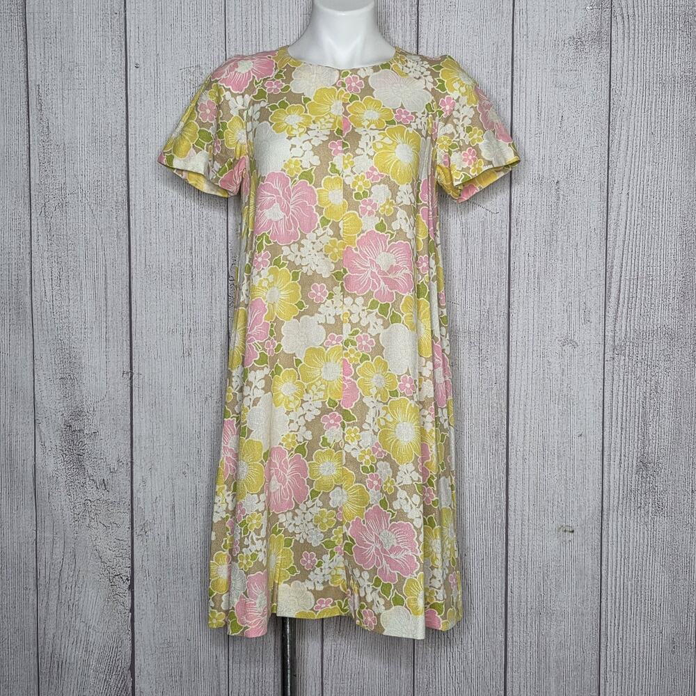 Vintage 60s 70s Mod Floral A Line Dress Pink Yellow Green Flower Power - S/M